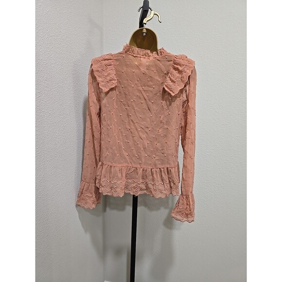 Romantic Sheer Ruffle Blouse Womens Sz S Mauve Eyelet Swiss Dot Victorian Dainty - Picture 4 of 7